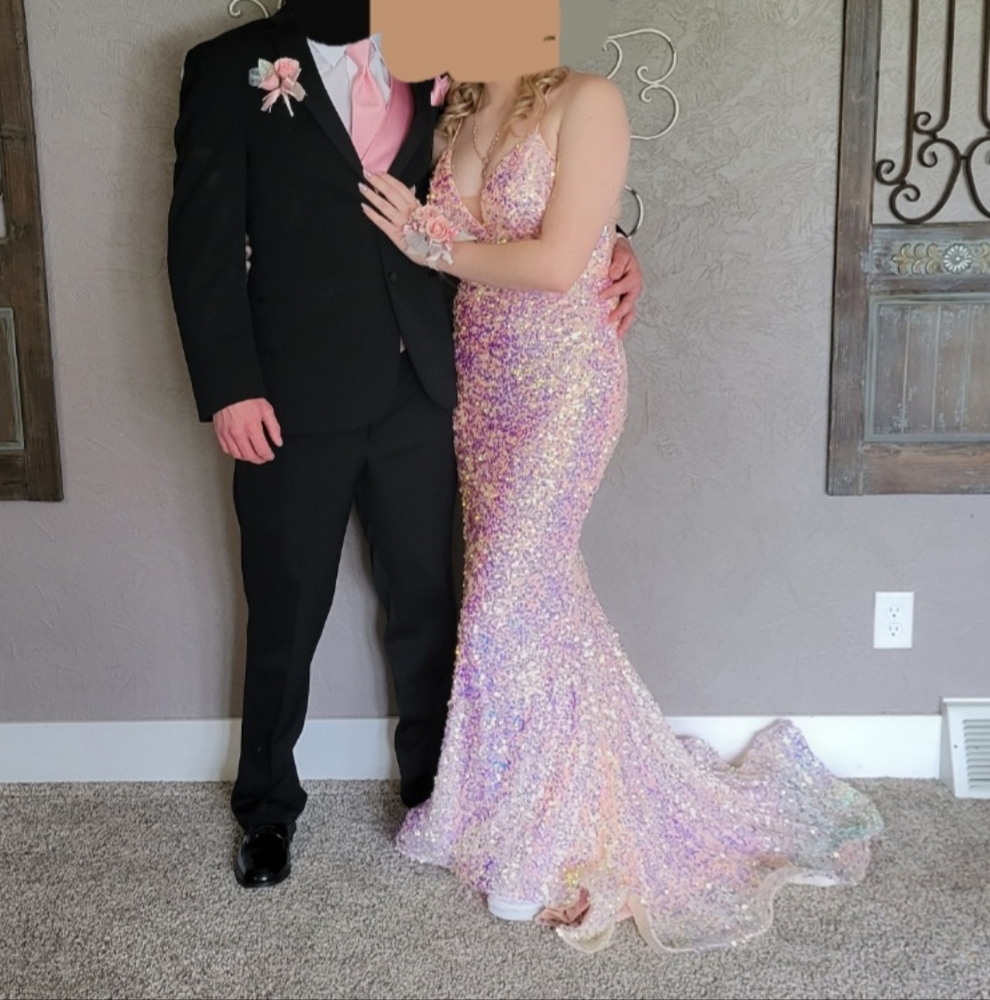 Pink iridescent sequin prom dress